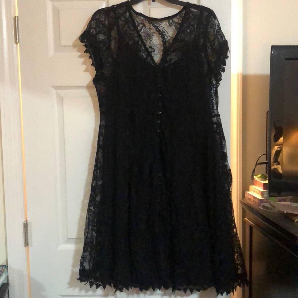 Black slip dress with lace overlay swing dress.